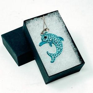 Blue Rhinestone Dolphin Pendant Necklace Silver-tone Ball Chain | 18 in | NWOT